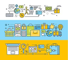 在线购物、 电子商务、 电子商务的细线平面设计概念集