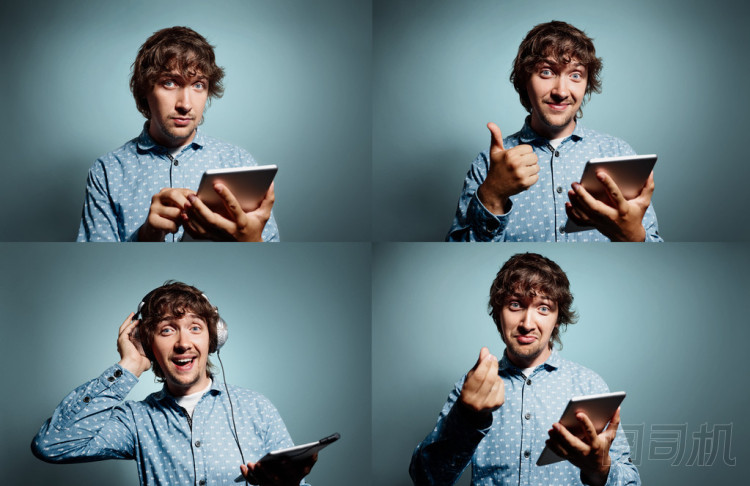 Group collage of portrait handsome young smiling hipsters with t