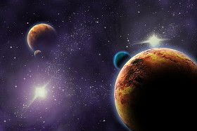 深黑暗的空间中的行星。宇宙的抽象插图