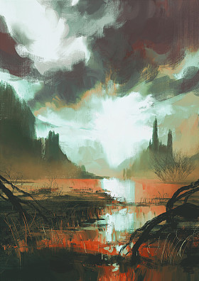 在日落时神秘红色沼泽图片