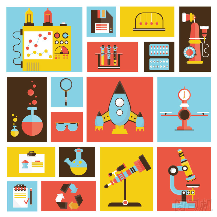 設計樣式現(xiàn)代平面矢量圖圖標集的科學和技術發(fā)展。實驗室工作區(qū)