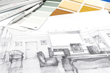 設計師工作場所與素描和繪圖工具