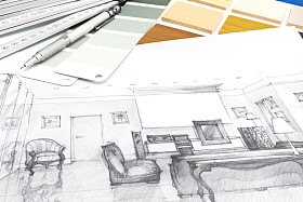 设计师工作场所与素描和绘图工具