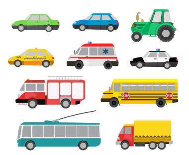 一整套卡通可愛(ài)車(chē)和特種車(chē)。矢量 illustrati