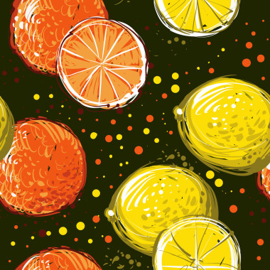 柠檬和橘子都是手绘。矢量无缝模式