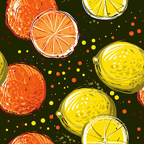 柠檬和橘子都是手绘。矢量无缝模式