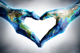 Earth Day celebration -- palm shaped with world map