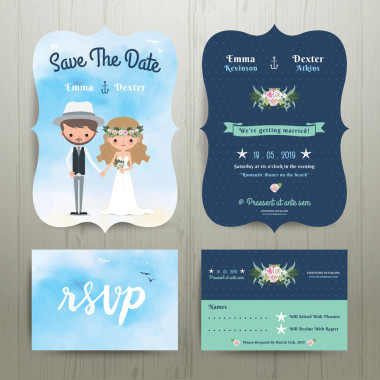 波西米亞卡通夫婦上海灘婚禮卡模板設(shè)置