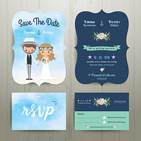 波西米亚卡通夫妇上海滩婚礼卡模板设置