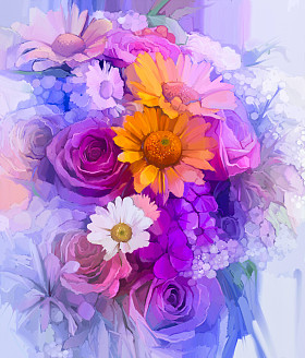 静物黄色红色和粉红色的花朵油画-彩色玫瑰花束雏菊和非洲菊花