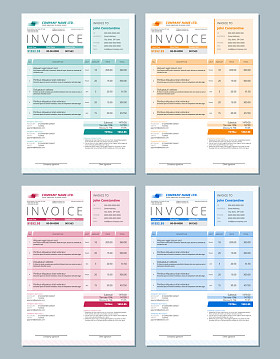 矢量发票设计模板的设置。Gren，橙色，红色和蓝色的颜色