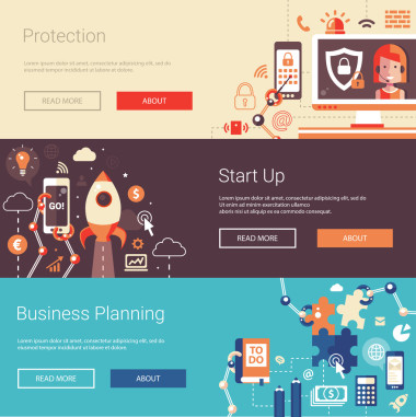 现代平面设计业务横幅、 标头包含图标和图表元素的集合。规划，启动，保护