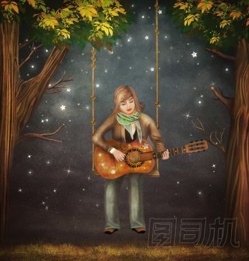 那個男孩坐在秋千上在森林里，在吉他上播放