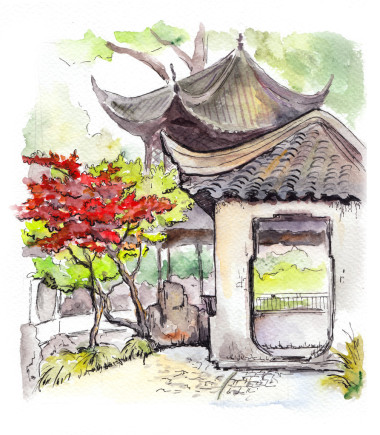 在中國(guó)的華人廟宇寶塔和紅色樹(shù)