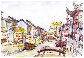 水彩画-水运河古镇在中国。红灯