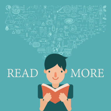 男孩在读书与知识流到他的头。通过阅读更多概念扩展知识