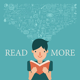 男孩在读书与知识流到他的头。通过阅读更多概念扩展知识