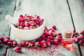 玫瑰花蕾与基本玫瑰油的砂浆。选择性的焦点