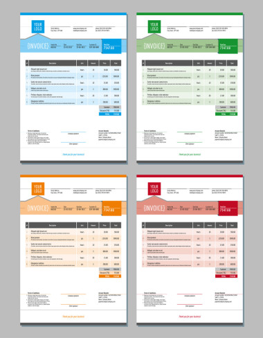 矢量发票设计模板的设置。4 种颜色主题