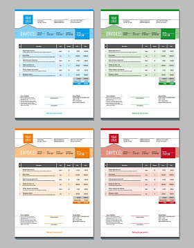 矢量发票设计模板的设置。4 种颜色主题
