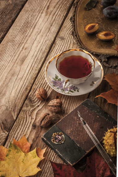 李子坚果和树叶与复古笔记本和茶叶薄膜过滤效果垂直