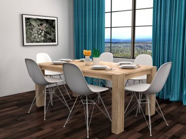 廚房在白色和棕色的地板。3d 圖