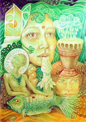 音乐家在水下演奏即兴演奏会翠绿的音乐会绚丽多彩的细部观赏画摘