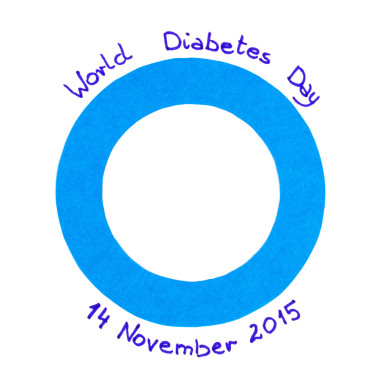 藍色圓紙片在白色的背景下，象征著世界糖尿病日