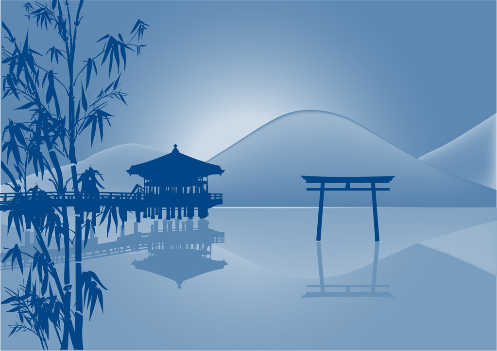 亭子和反射在池塘蓝色图