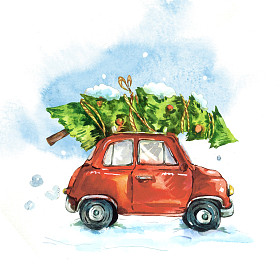 与红色复古车水彩贺卡图片