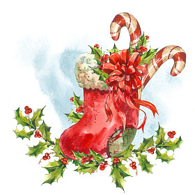 水彩贺卡圣诞袜子、 丝带、 糖果