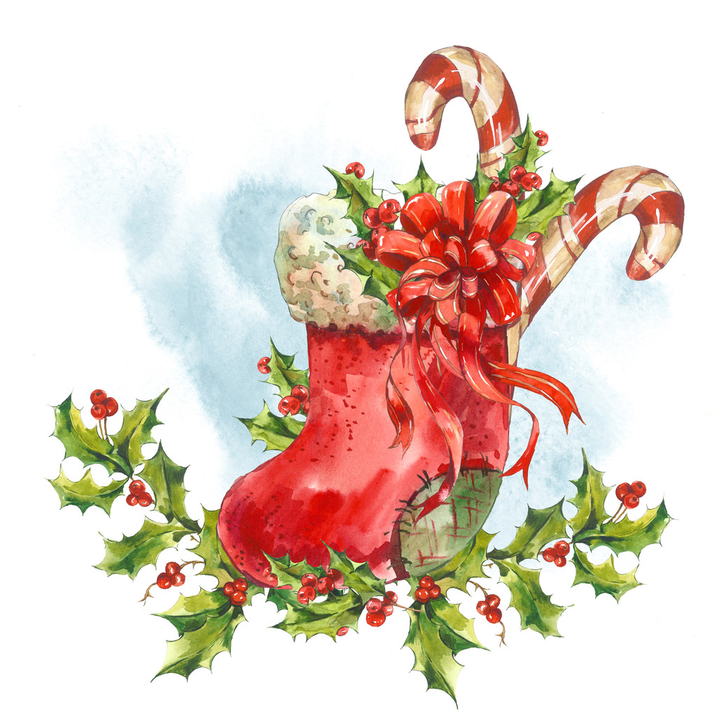 水彩贺卡圣诞袜子、 丝带、 糖果