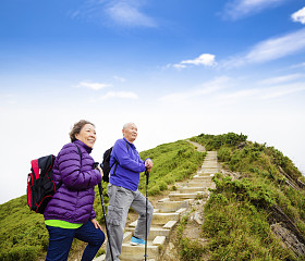 幸福的亚洲高级夫妇在山上徒步旅