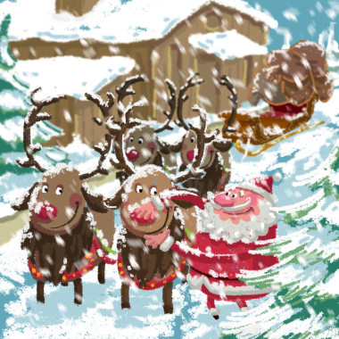 圣誕節(jié)下雪場景卡通圣誕老人準備雪橇和 re