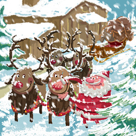 圣诞节下雪场景卡通圣诞老人准备雪橇和 re