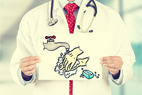 医生手里拿着白卡用洗手签