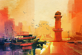 灯塔和渔船在日落时图片