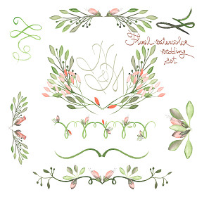 与框架边框，以水彩花卉，花卉装饰摆件套树叶和树枝的婚