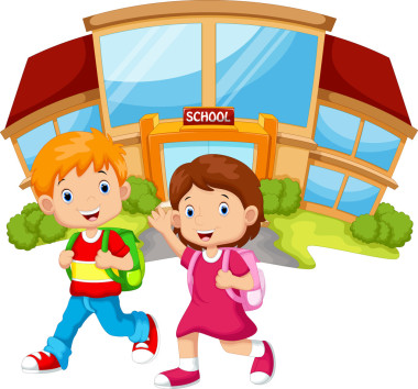 走在教學(xué)樓前面的學(xué)校兒童