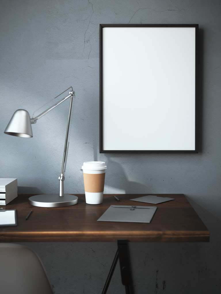 工作场所与杯和空白帧。3d 渲染