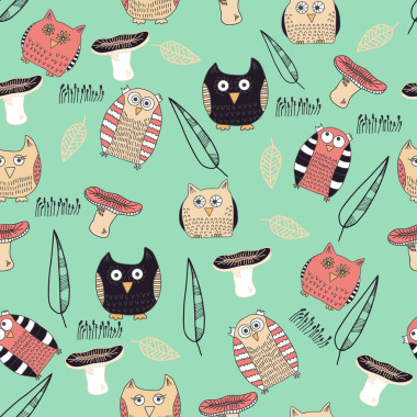 无缝模式与可爱猫头鹰和蘑菇图片