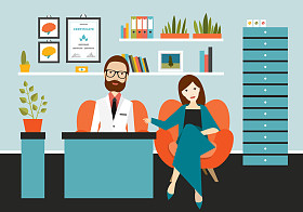 精神病医生听女病人与悲伤和沮丧。卡通平面向量