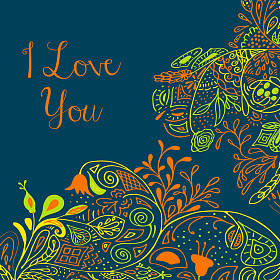 我爱你文字蓝绿色背景与花卉自然装饰玫瑰鲜花风铃草风铃草草地