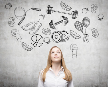 思量美女是在思考她對體育活動的選擇運(yùn)動圖標(biāo)畫在混凝土墻上