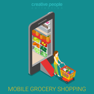 女人推著手推車從市場走出來