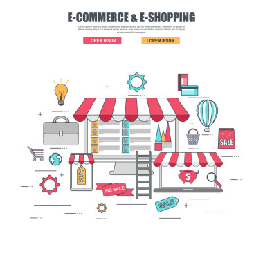 在網(wǎng)上商店購(gòu)買商品的細(xì)線平面設(shè)計(jì)概念