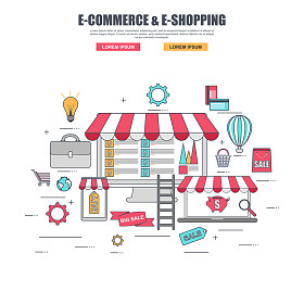 在网上商店购买商品的细线平面设计概念