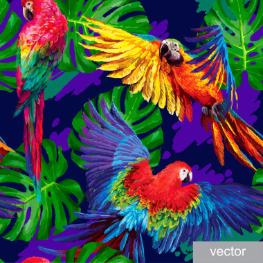 模式与热带鹦鹉和龟背竹叶子图片