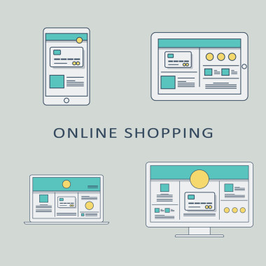 在线购物概念向量背景与数字设备上的线艺术用户界面模板