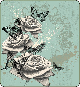 复古背景与盛开的玫瑰和蝴蝶，手绘图